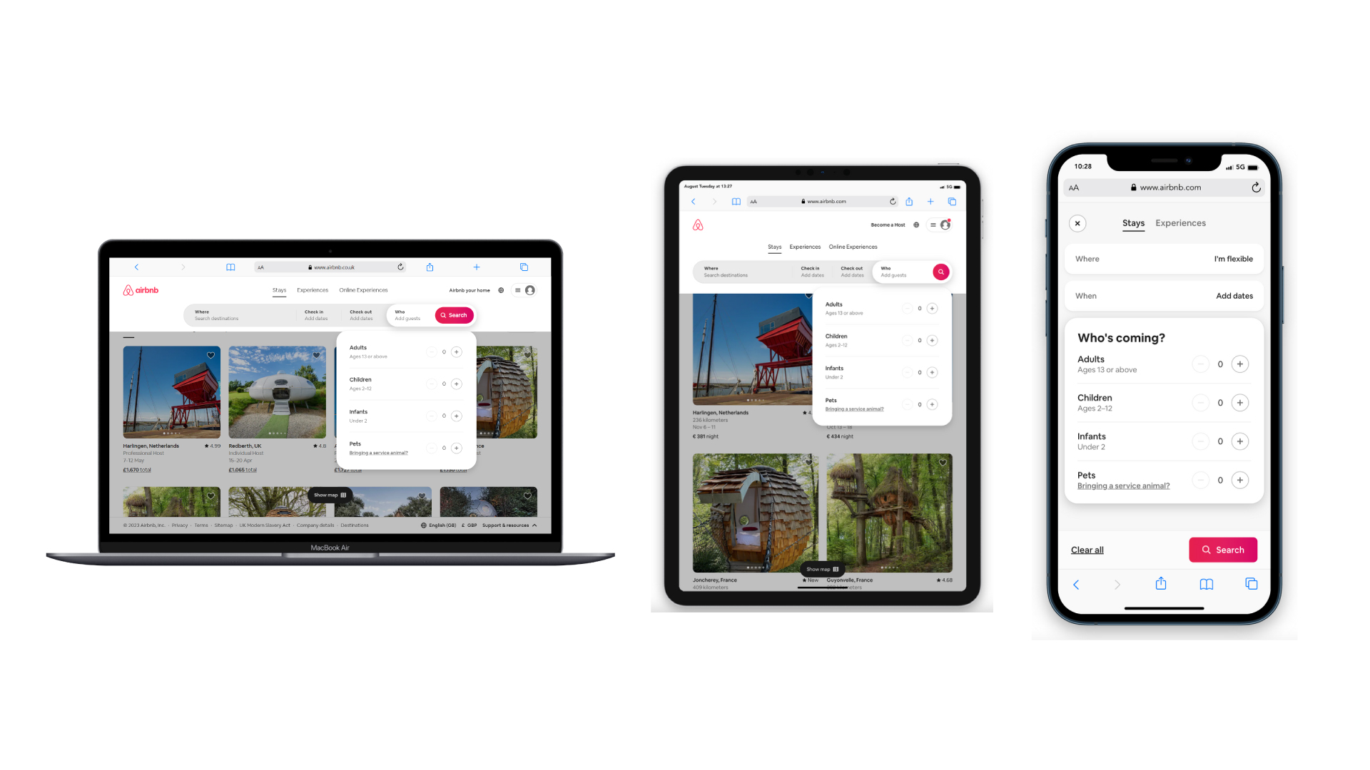 Airbnb competitive analysis of guest 
      booker. The image includes three different viewports; mobile, tablet and desktop.