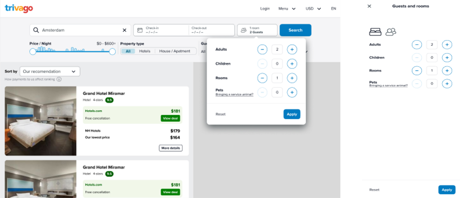 The intial design of the 
        pet-friendly guest selector, adding a counter for pets on the trivago website.