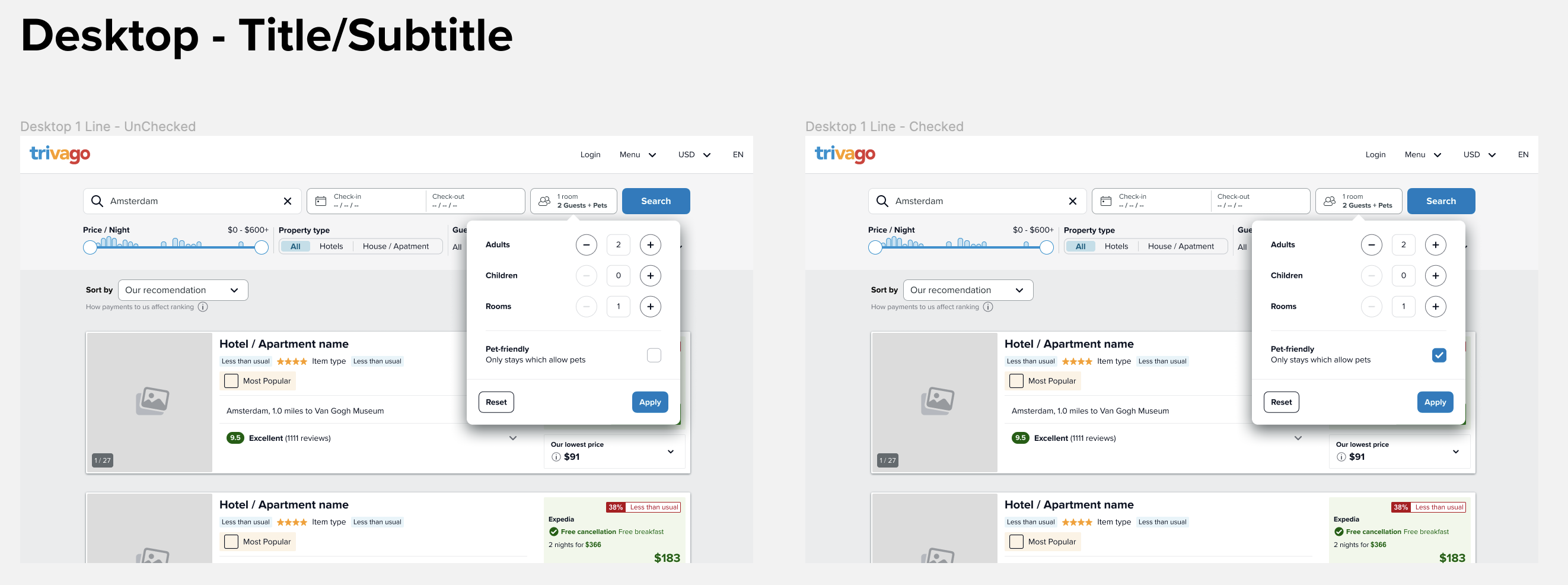 Pet guest selector 
        design to be A/B tested. This one has a Title and sub-title to clearly represent it's information.