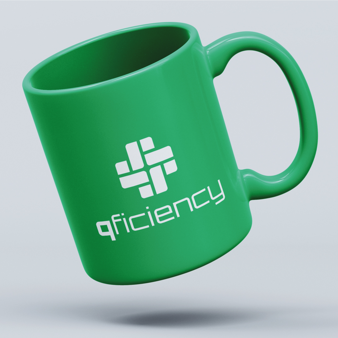 Qficiency Mug with logo in use